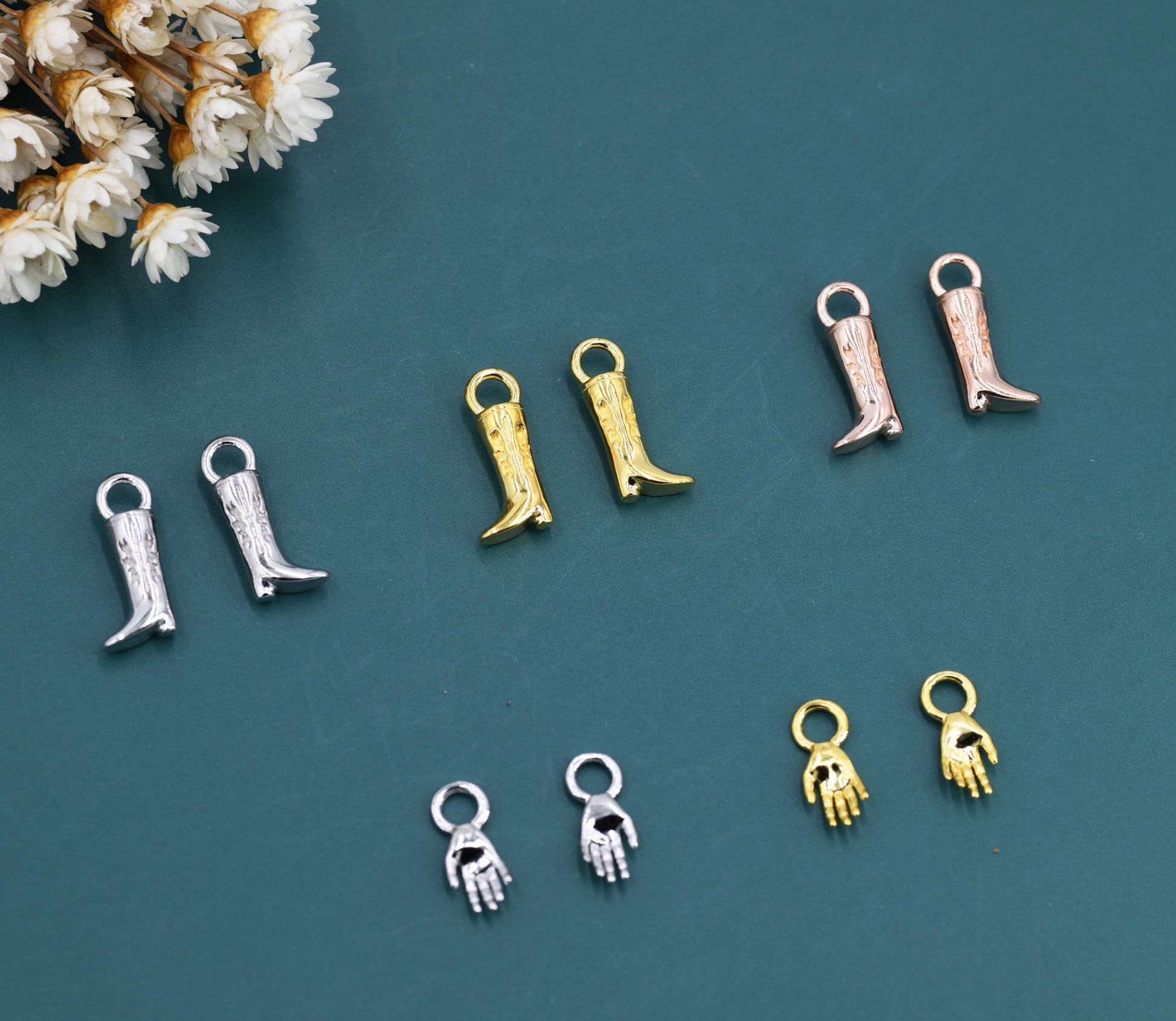 Cowboy Boot and Hand Charms for Huggie Hoops in Sterling Silver, Charms for Earrings, Silver, Gold or Rose Gold Finish