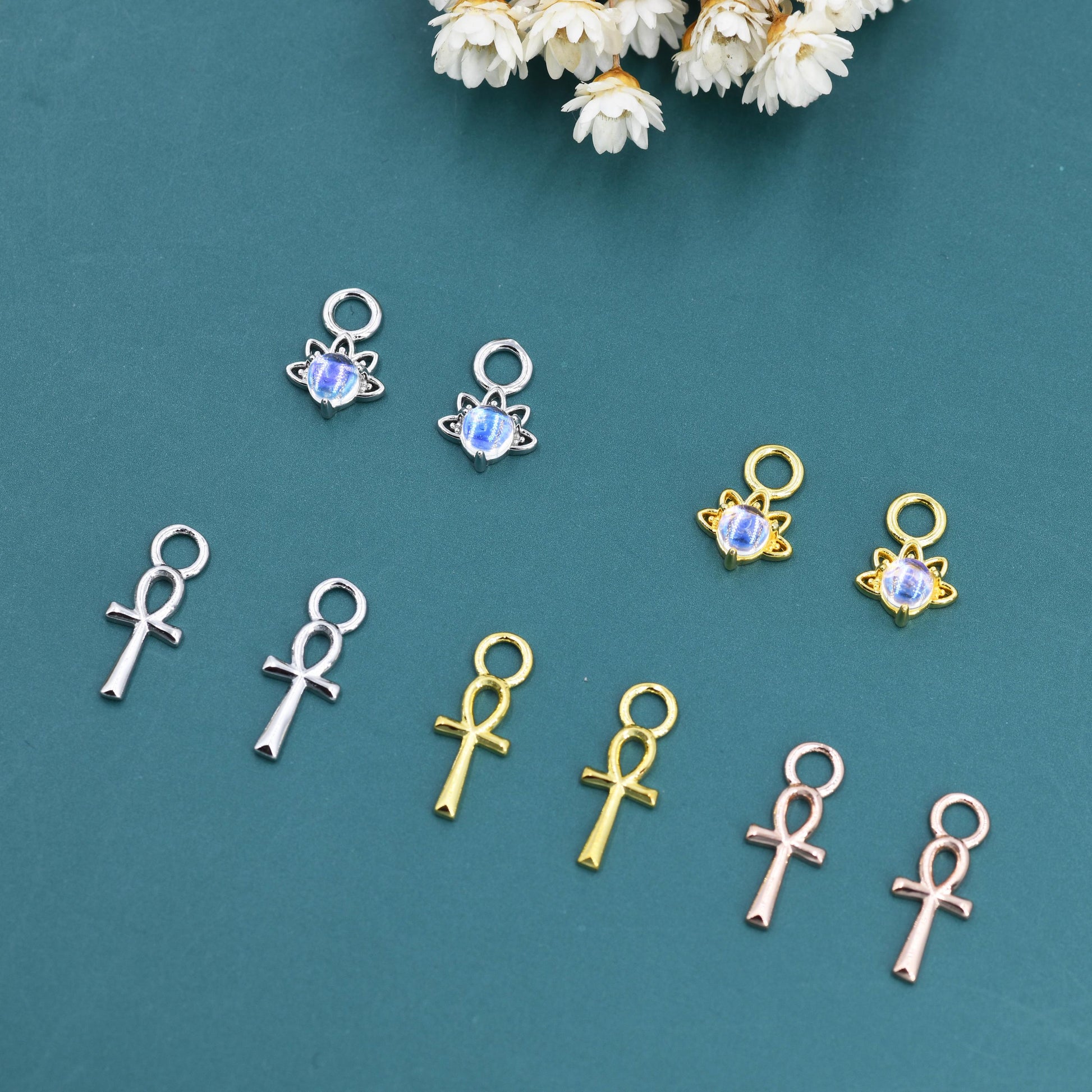 Lotus Crown Moonstone and Ankh Charms for Huggie Hoops in Sterling Silver, Charms for Earrings, Silver, Gold or Rose Gold Finish