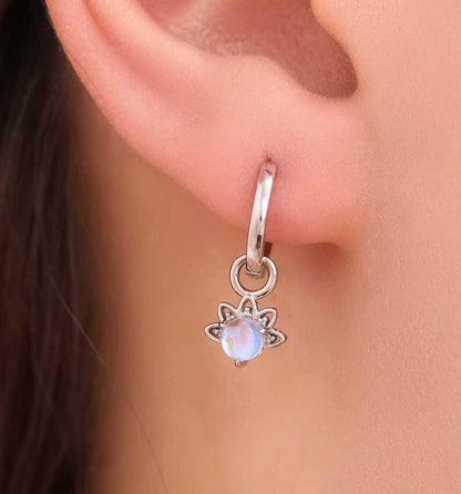 Lotus Crown Moonstone and Ankh Charms for Huggie Hoops in Sterling Silver, Charms for Earrings, Silver, Gold or Rose Gold Finish