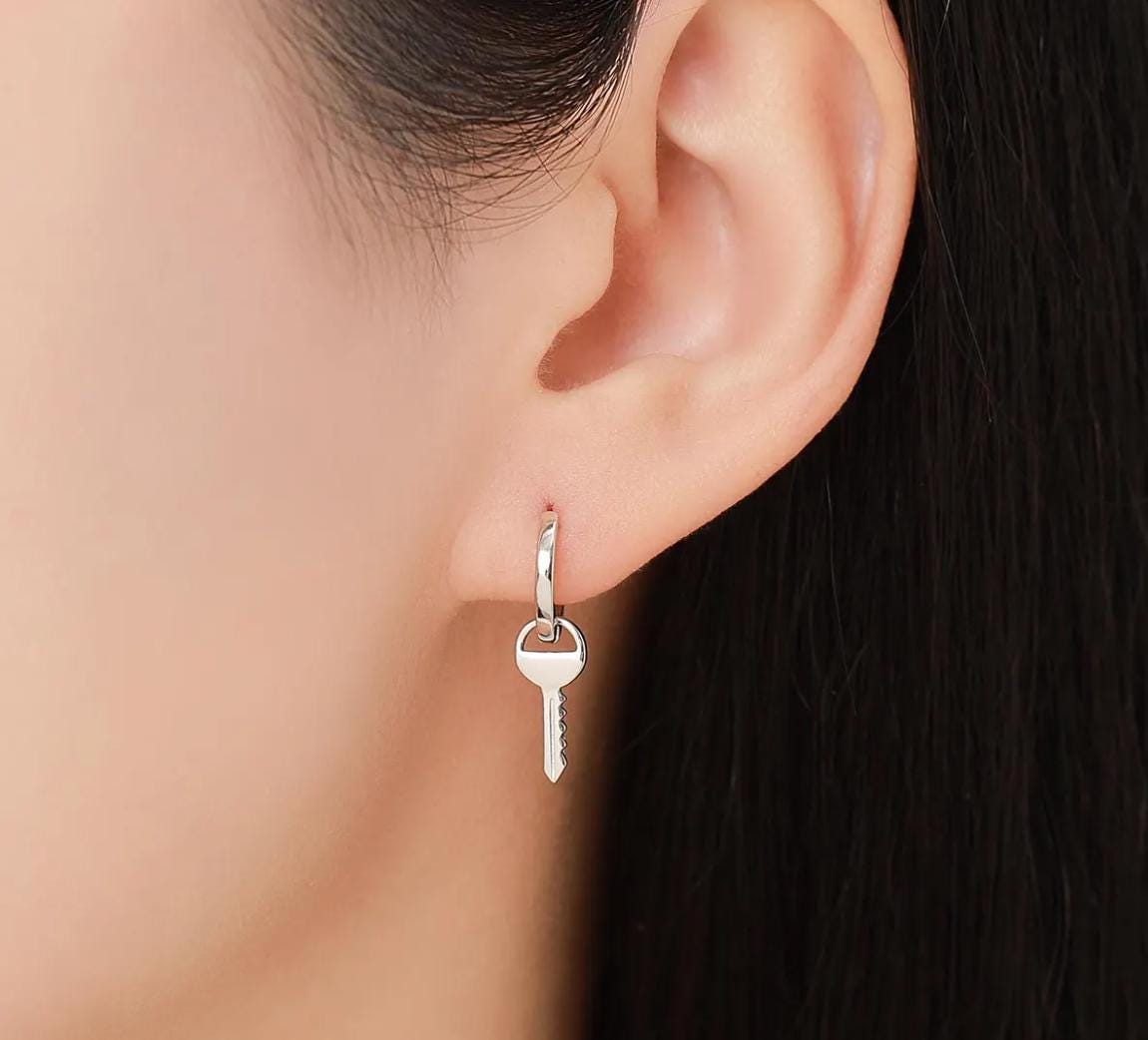 Key or Lock Charms for Huggie Hoops in Sterling Silver, Lock and Key Earring Charms, Silver or Gold Finish