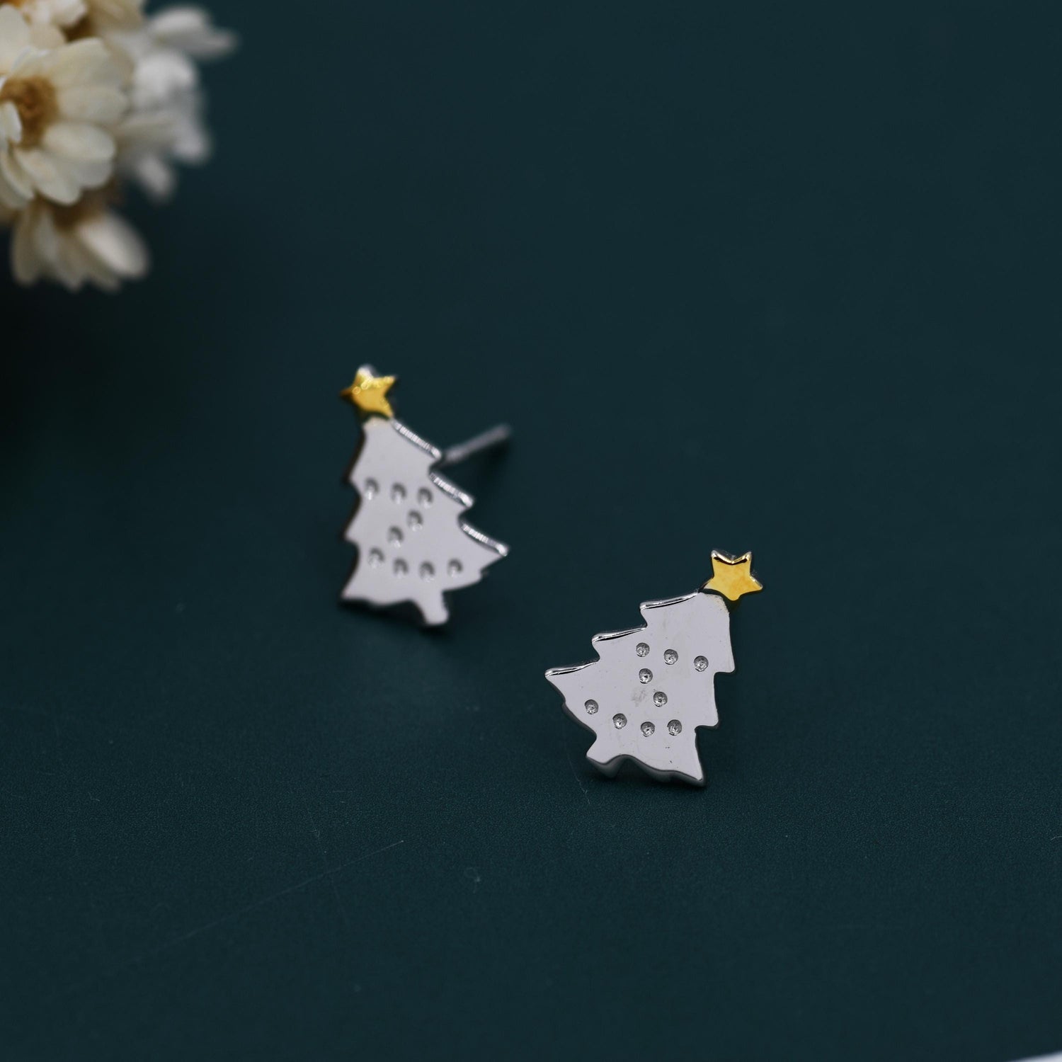 Tiny Christmas Tree Stud Earrings in Sterling Silver, Two Finishes Available, Tiny Xmas Tree Earrings, Christmas Earrings