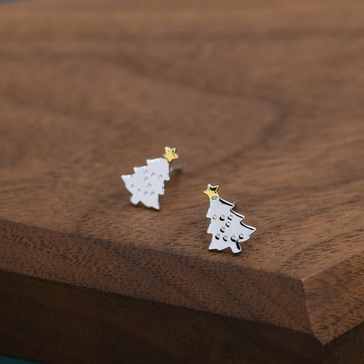 Tiny Christmas Tree Stud Earrings in Sterling Silver, Two Finishes Available, Tiny Xmas Tree Earrings, Christmas Earrings
