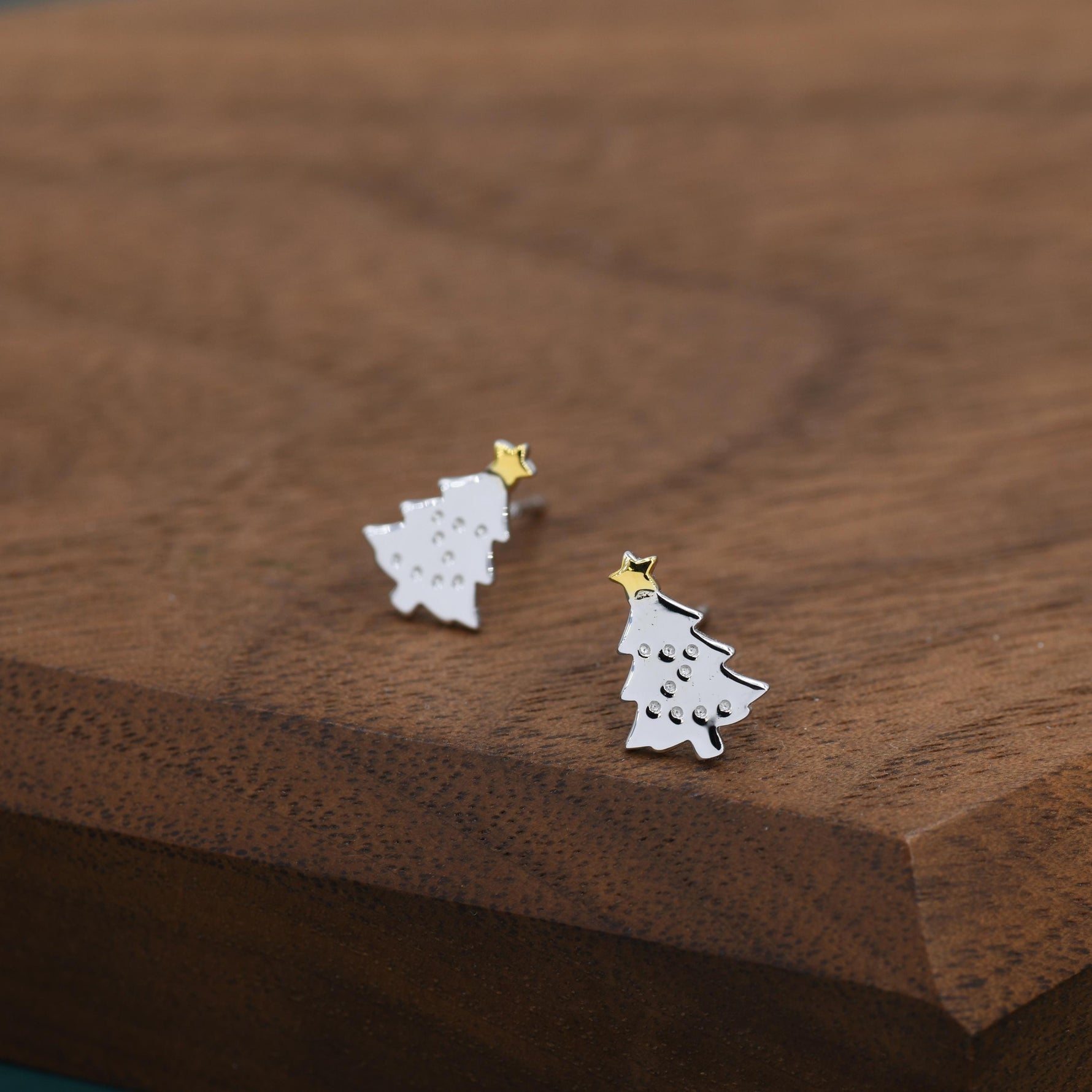 Tiny Christmas Tree Stud Earrings in Sterling Silver, Two Finishes Available, Tiny Xmas Tree Earrings, Christmas Earrings