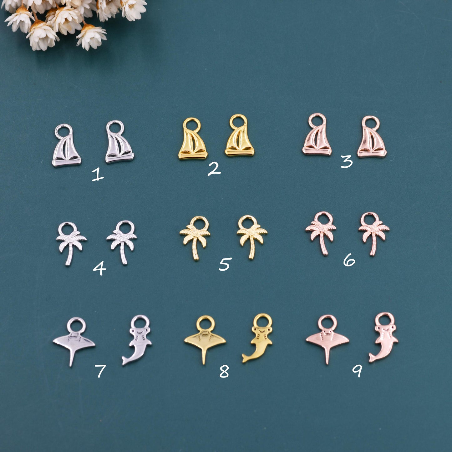 Tropical Island Theme Charms for Huggies Hoops, Boat / Palm Tree / Shark / Manta Ray Charms for Huggie Hoops in Sterling Silver
