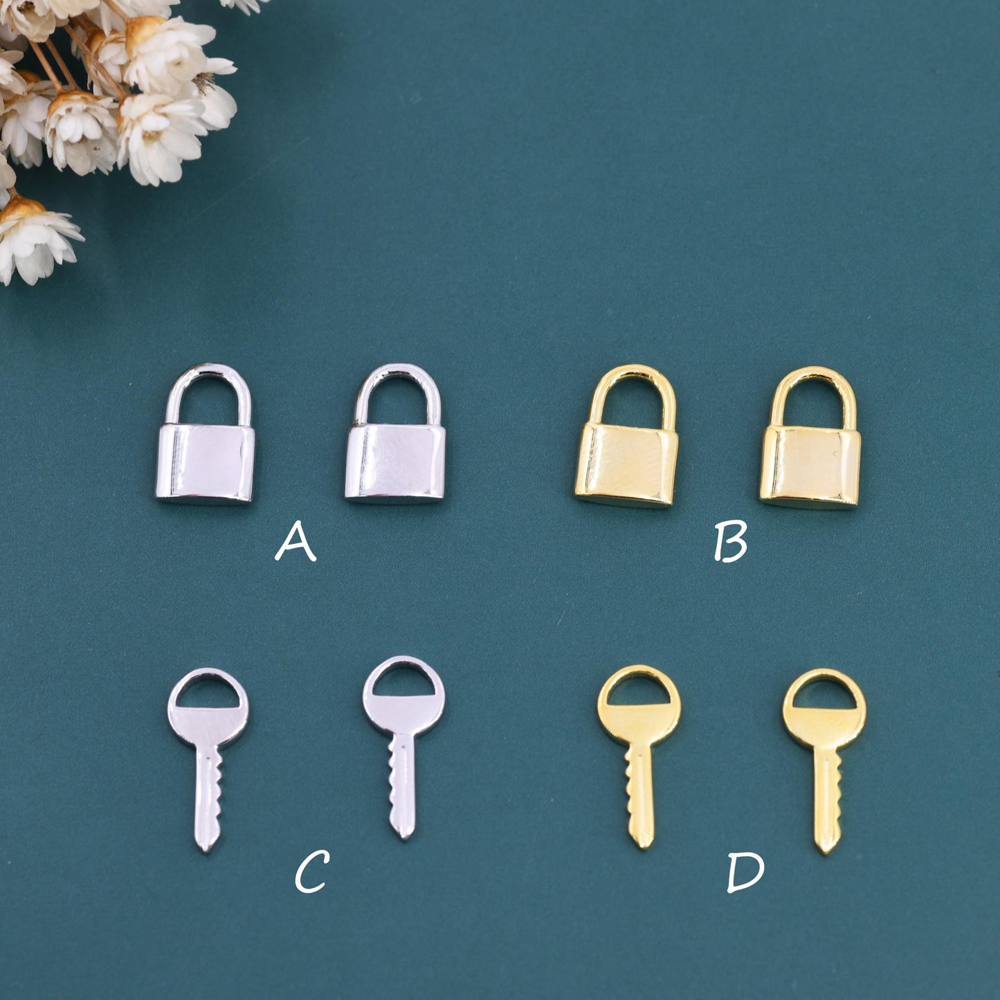 Key or Lock Charms for Huggie Hoops in Sterling Silver, Lock and Key Earring Charms, Silver or Gold Finish
