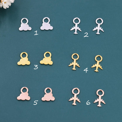 Plane and Cloud Charms for Huggie Hoops in Sterling Silver, Sold as a pair, Charms for Earrings, Detachable, Silver or Gold or Rose Gold