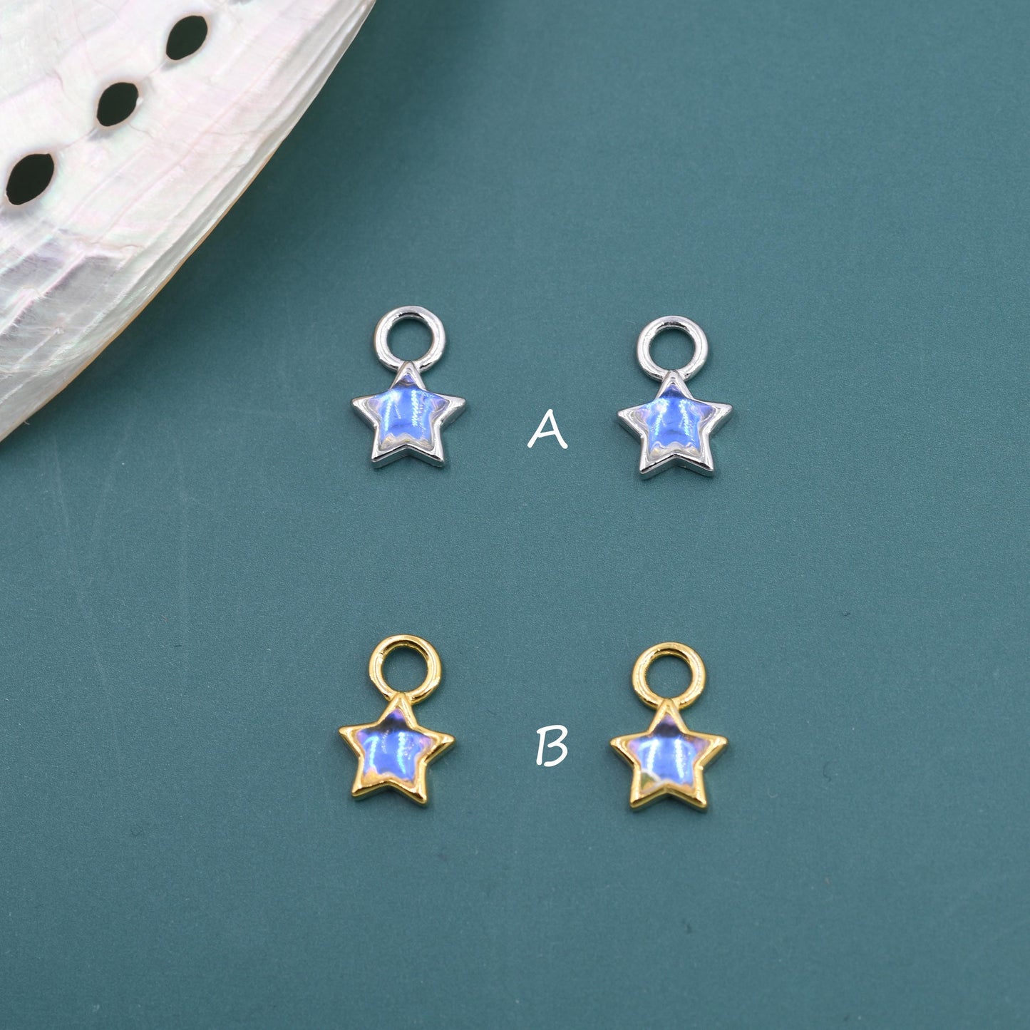 Moonstone Star Charms for Huggie Hoops in Sterling Silver, Lab Moonstone Charms for Earrings, Starburst Charms, Silver or Gold Finish