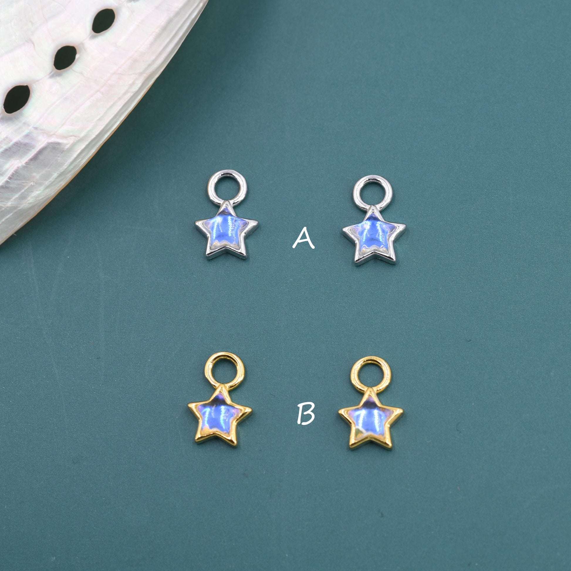 Moonstone Star Charms for Huggie Hoops in Sterling Silver, Lab Moonstone Charms for Earrings, Starburst Charms, Silver or Gold Finish
