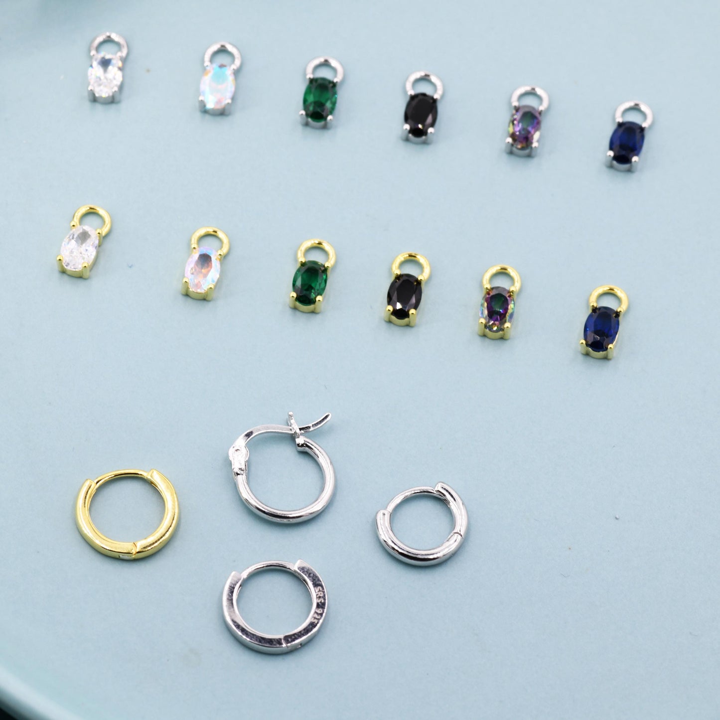 Oval CZ Charms for Huggie Hoops in Sterling Silver, Pair of Crystal Charms for Earrings, Silver or Gold Finish