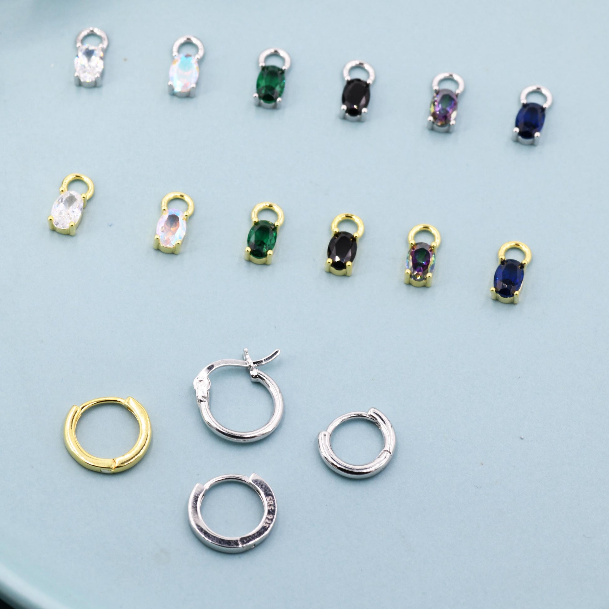 Oval CZ Charms for Huggie Hoops in Sterling Silver, Pair of Crystal Charms for Earrings, Silver or Gold Finish