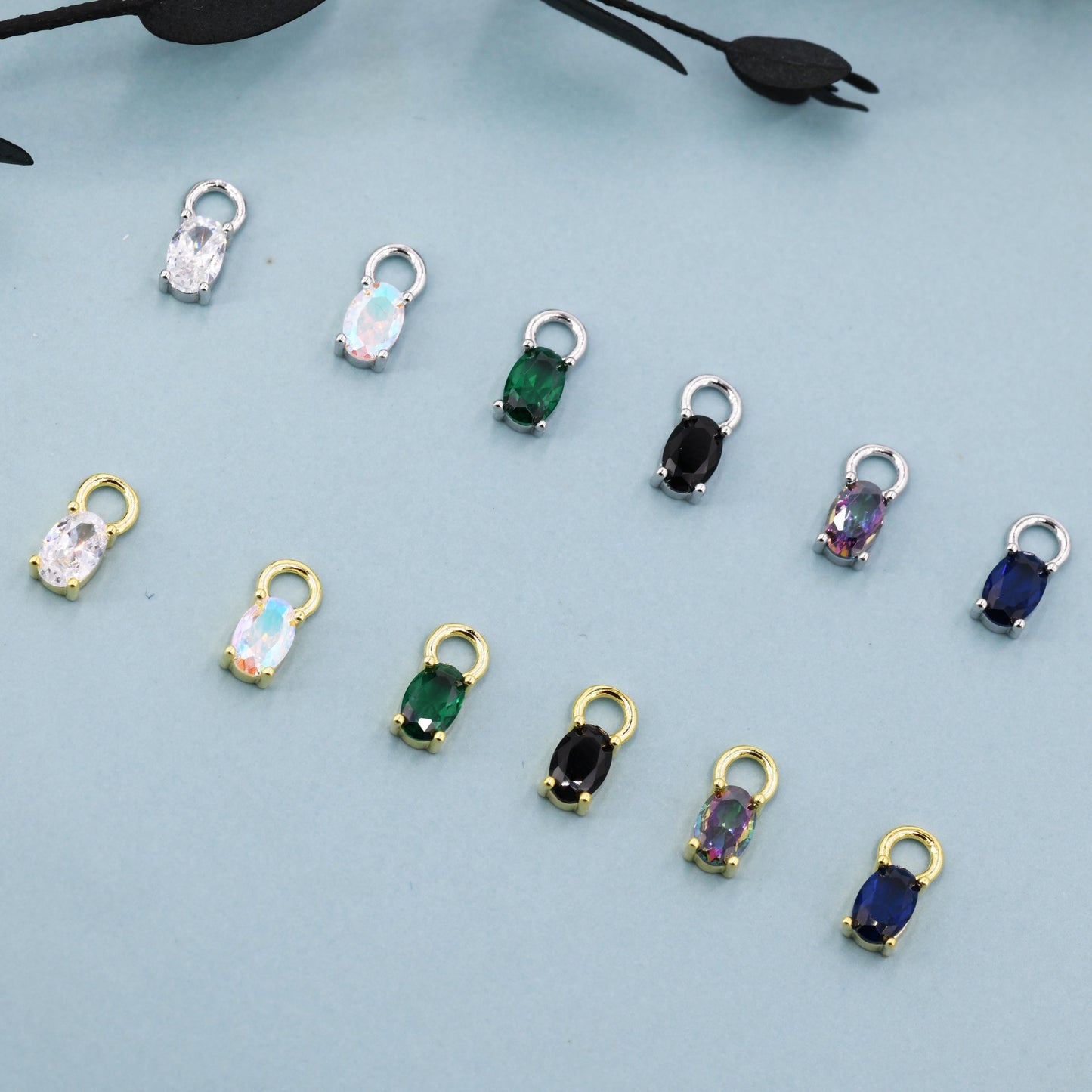 Oval CZ Charms for Huggie Hoops in Sterling Silver, Pair of Crystal Charms for Earrings, Silver or Gold Finish