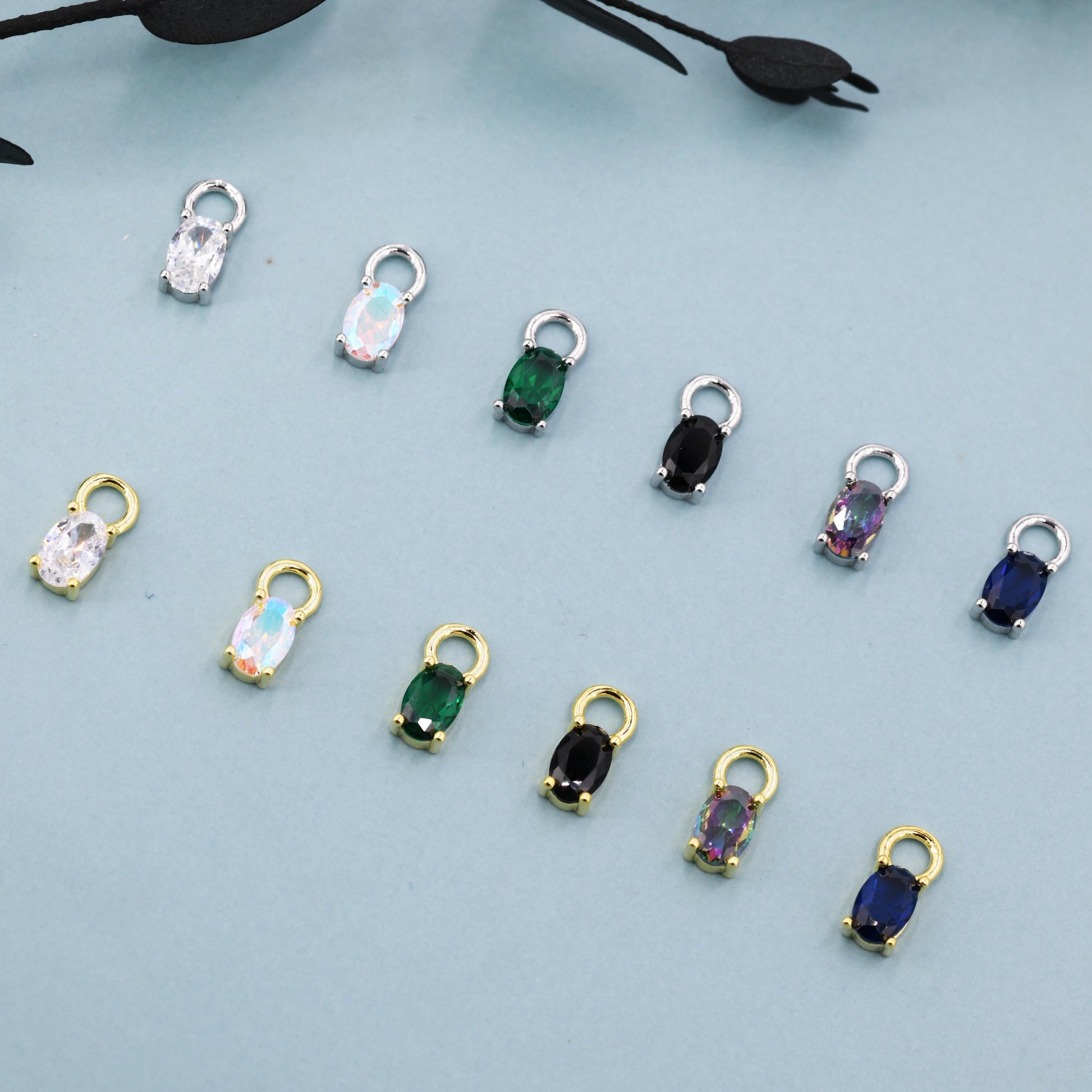 Oval CZ Charms for Huggie Hoops in Sterling Silver, Pair of Crystal Charms for Earrings, Silver or Gold Finish