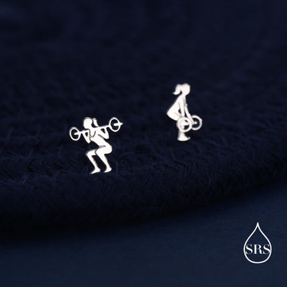 Strong Girl Barbell Stud Earrings in Sterling Silver, Deadlift & Squat Stud Earrings, Powerlifter Earrings