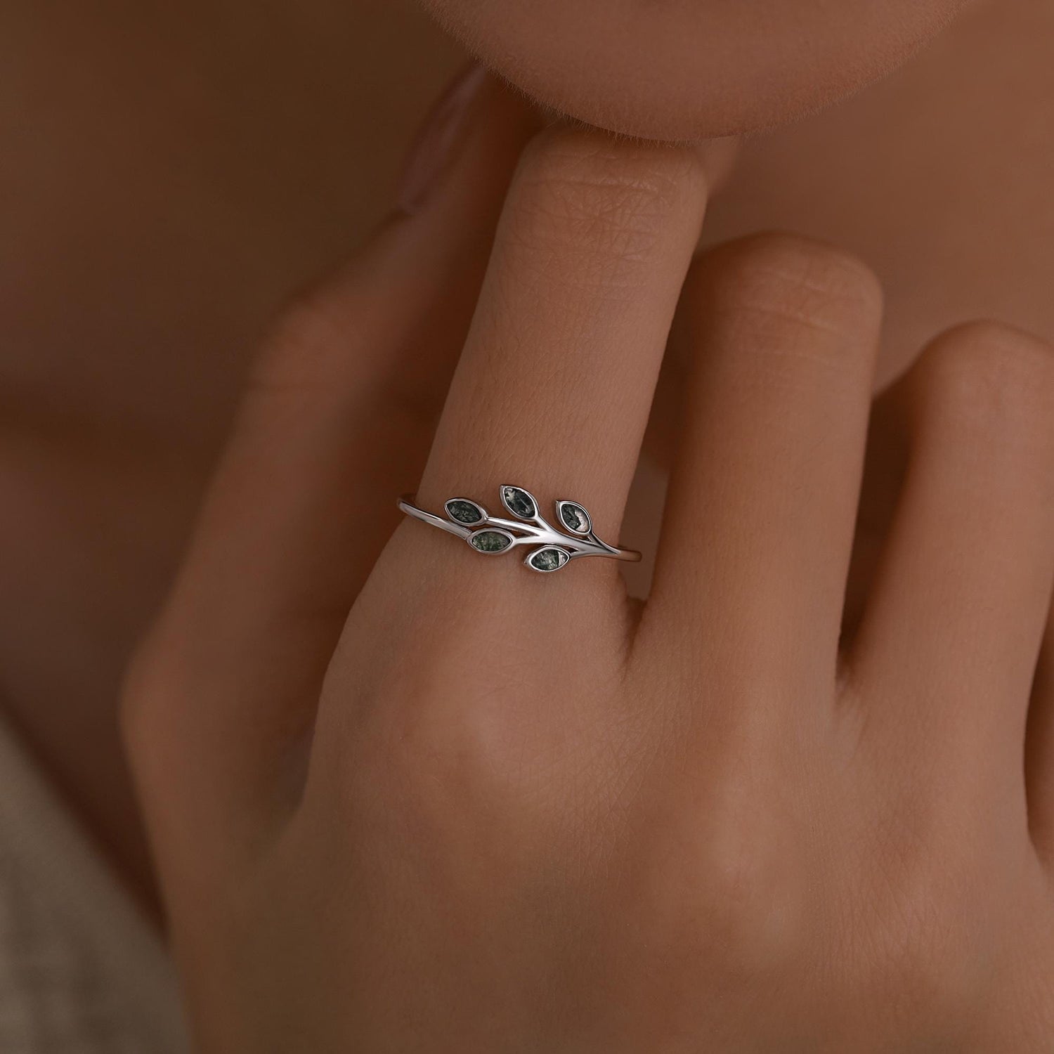 Sterling Silver Olive Branch Ring with Moss Agate, Silver or Gold, US 5 - 8 Olive Leaf Ring, Botanical Ring