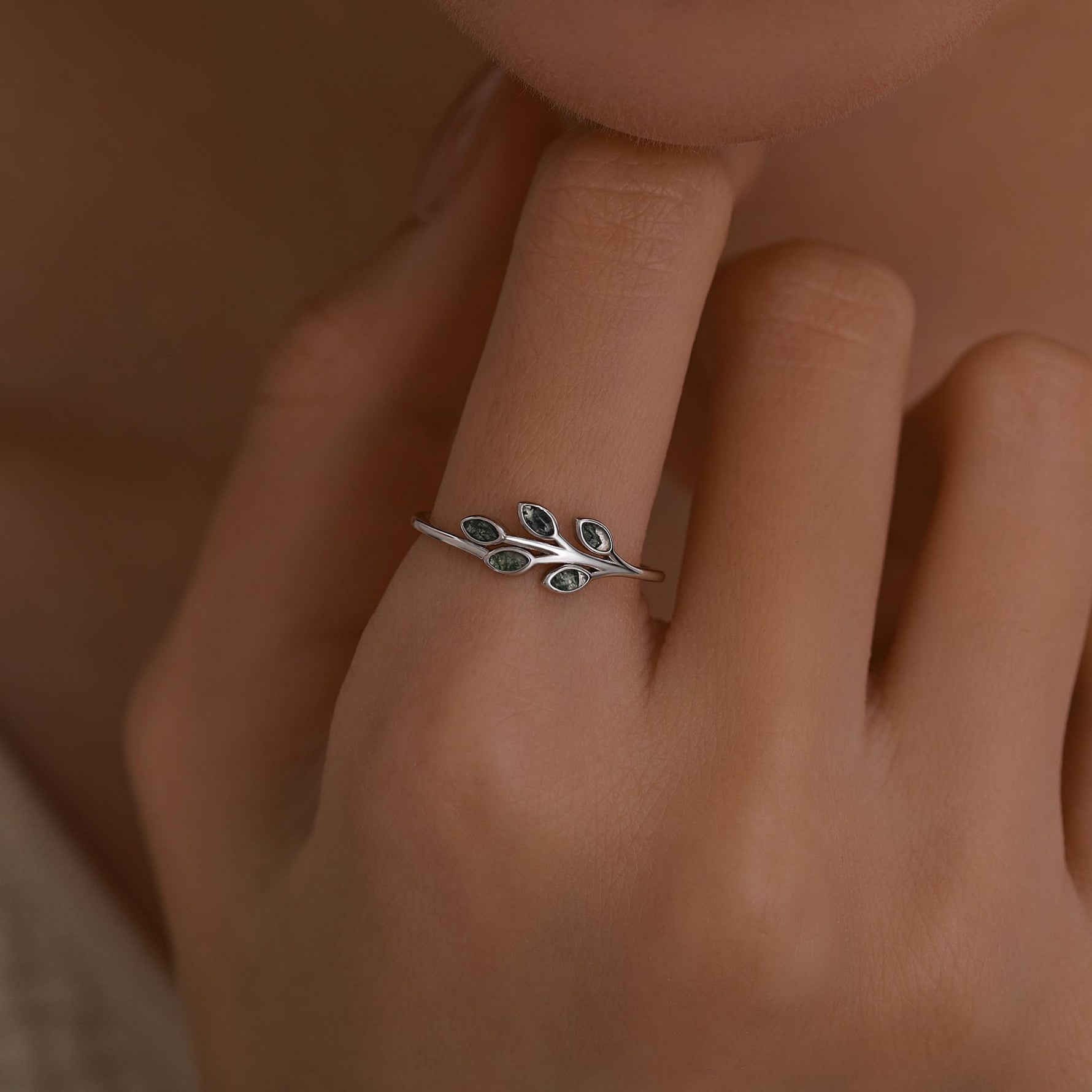 Sterling Silver Olive Branch Ring with Moss Agate, Silver or Gold, US 5 - 8 Olive Leaf Ring, Botanical Ring
