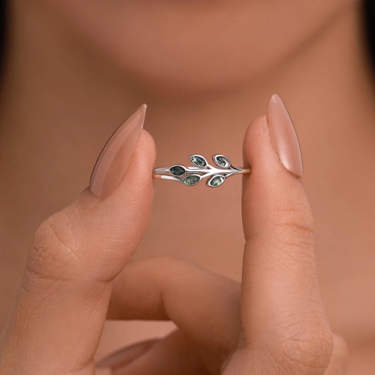 Sterling Silver Olive Branch Ring with Moss Agate, Silver or Gold, US 5 - 8 Olive Leaf Ring, Botanical Ring
