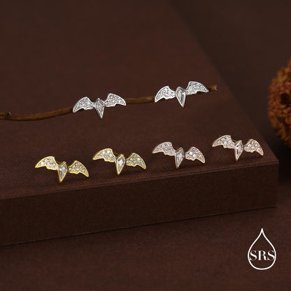 CZ Crystal Bat Stud Earrings in Sterling Silver, Silver or Gold, Rhombus Bat Earrings, Stacking Earrings, Animal Earrings