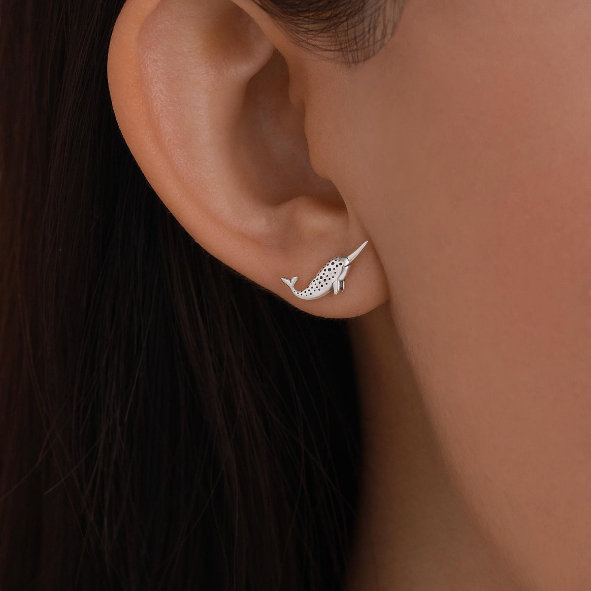 Tiny Narwhal Unicorn Whale Stud Earrings in Sterling Silver, Gift for Her, Animal Lover, Nature Inspired, Nautical Ocean