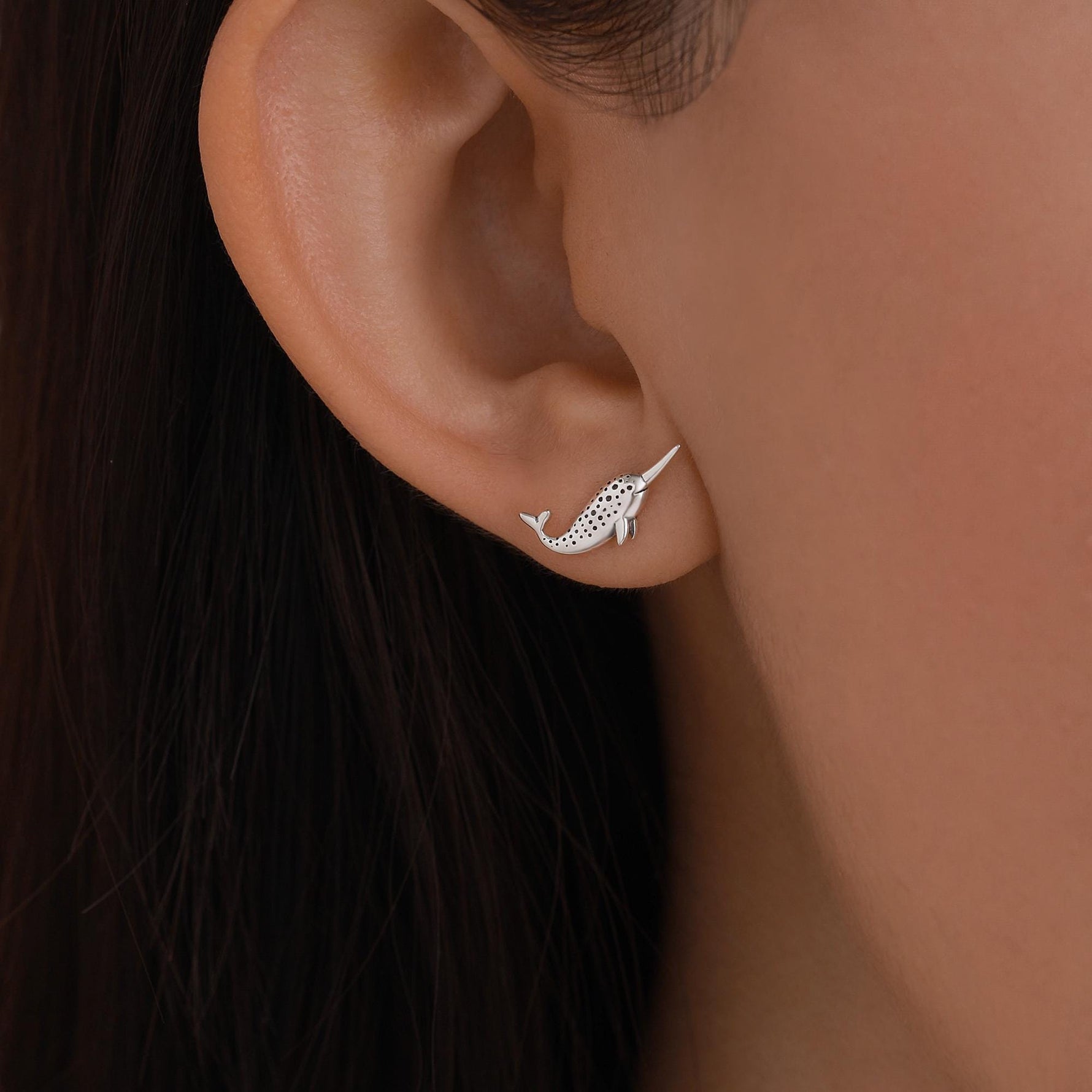 Tiny Narwhal Unicorn Whale Stud Earrings in Sterling Silver, Gift for Her, Animal Lover, Nature Inspired, Nautical Ocean