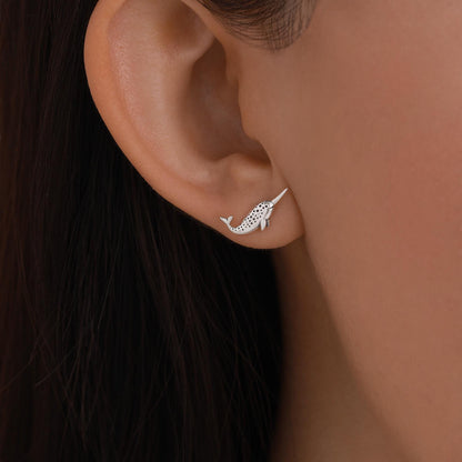 Tiny Narwhal Unicorn Whale Stud Earrings in Sterling Silver, Gift for Her, Animal Lover, Nature Inspired, Nautical Ocean