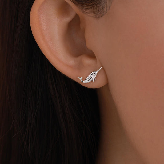 Tiny Narwhal Unicorn Whale Stud Earrings in Sterling Silver, Gift for Her, Animal Lover, Nature Inspired, Nautical Ocean