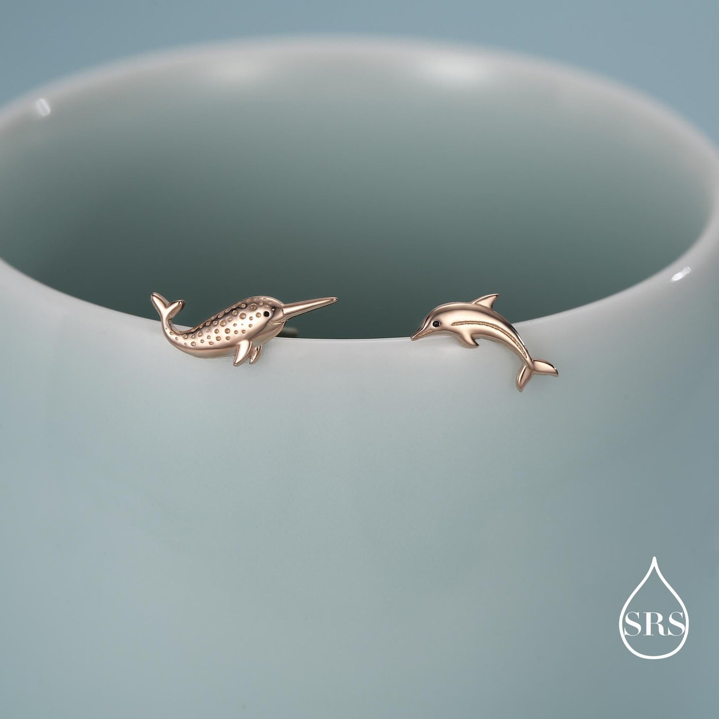 Mismatched Narwhal Unicorn Whale and Dolphin Stud Earrings in Sterling Silver