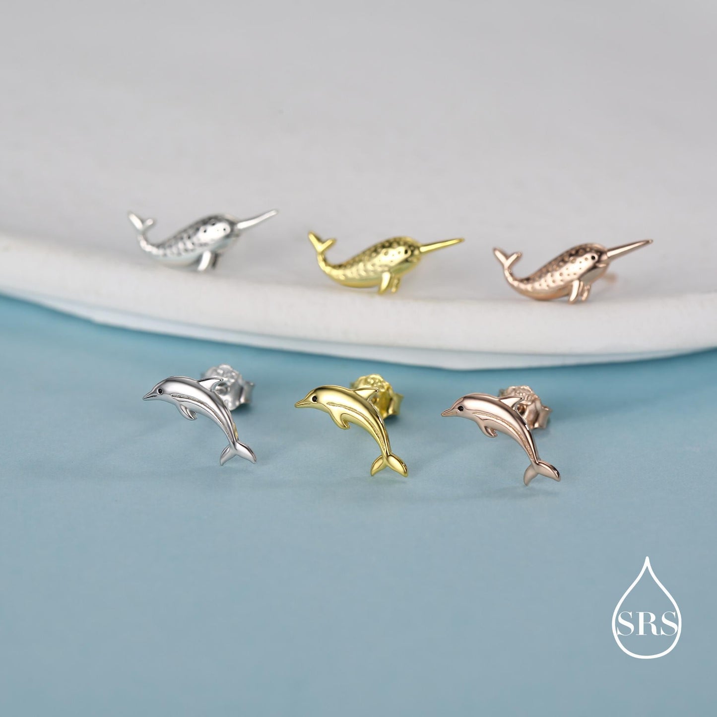 Mismatched Narwhal Unicorn Whale and Dolphin Stud Earrings in Sterling Silver