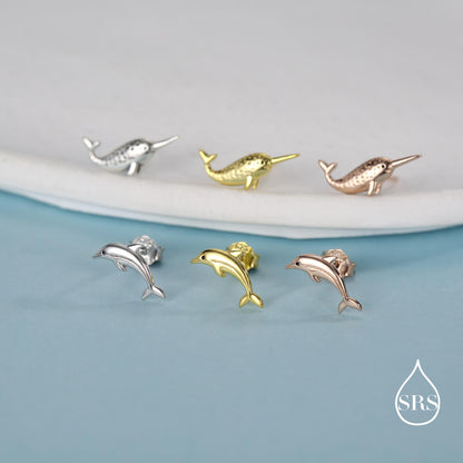 Mismatched Narwhal Unicorn Whale and Dolphin Stud Earrings in Sterling Silver
