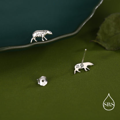 Extra Tiny Baby Tapir Stud Earrings in Sterling Silver, Silver Animal Earrings, Nature Inspired Jewellery