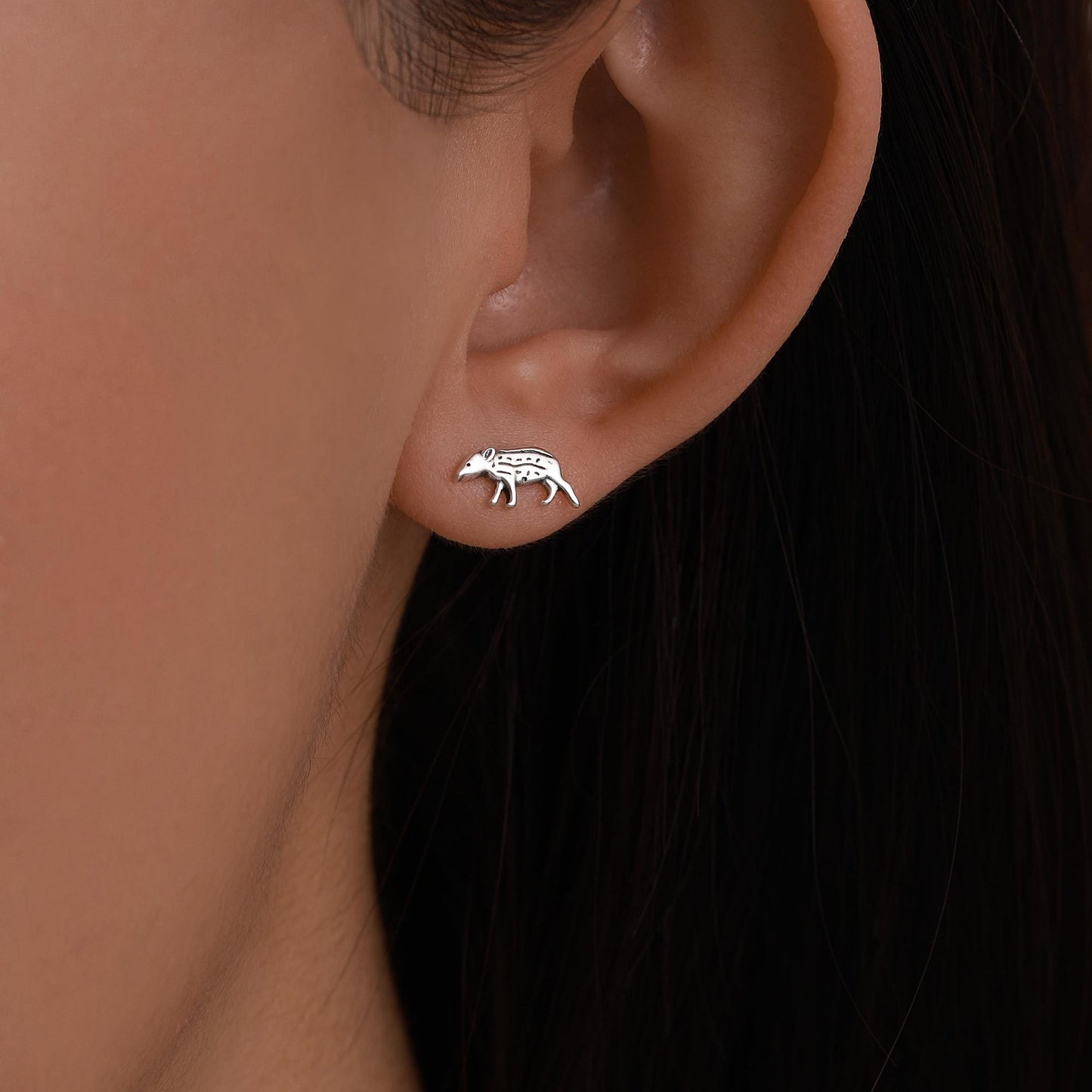 Extra Tiny Baby Tapir Stud Earrings in Sterling Silver, Silver Animal Earrings, Nature Inspired Jewellery