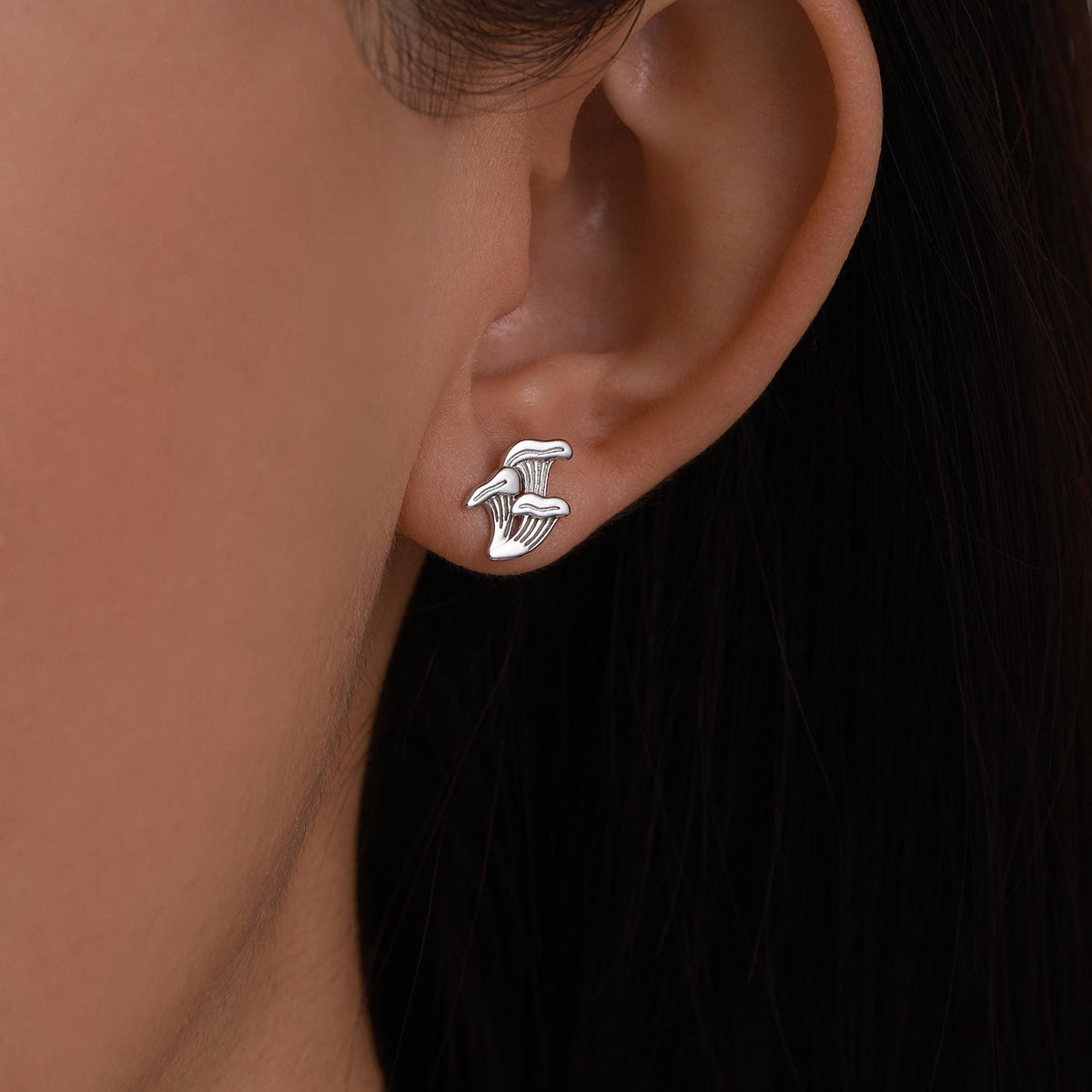 Mismatched Chanterelle Mushroom Stud Earrings in Sterling Silver, Asymmeric Small Mushroom Earrings