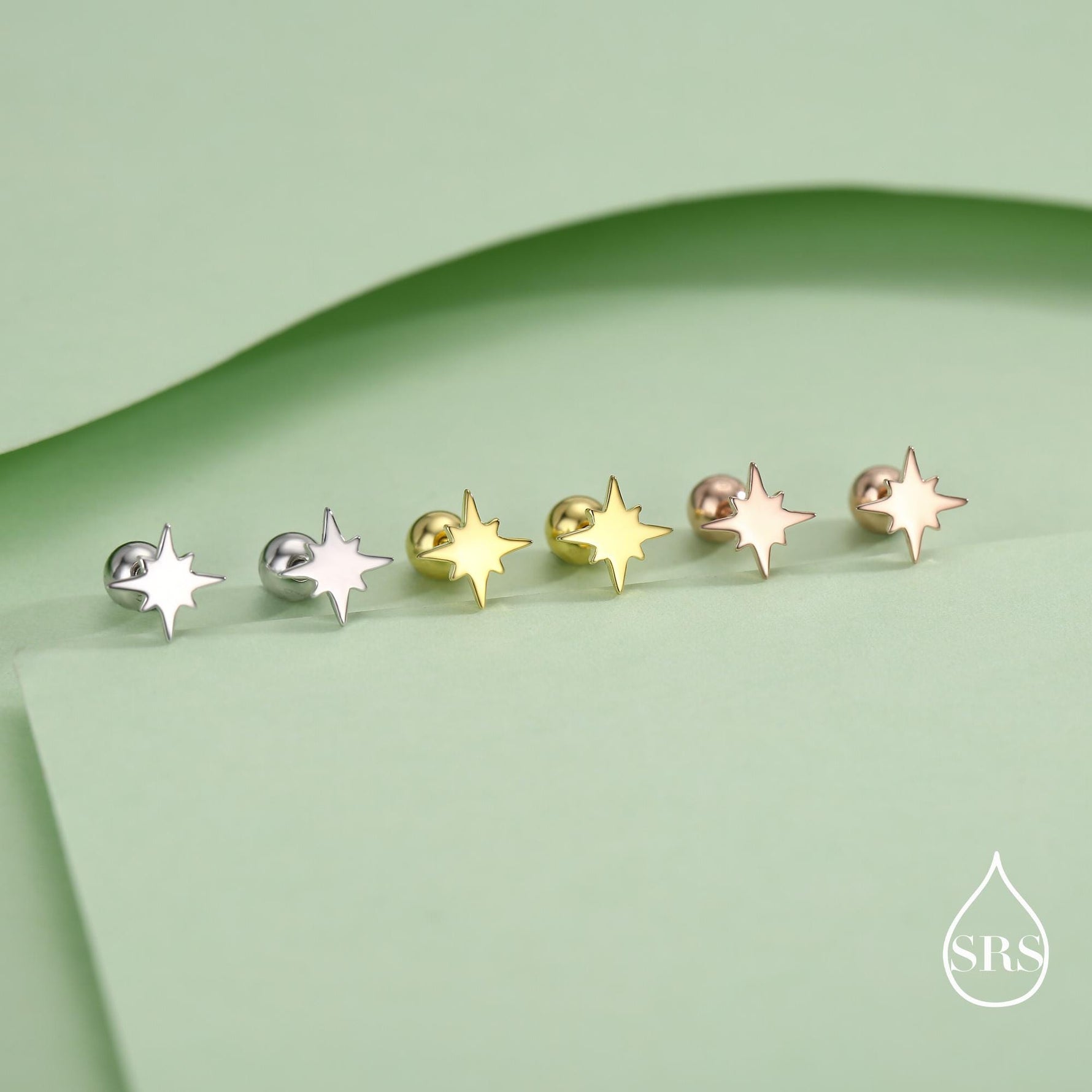 Starburst Screw Back Earrings in Sterling Silver, Tiny Star Barbell Earrings