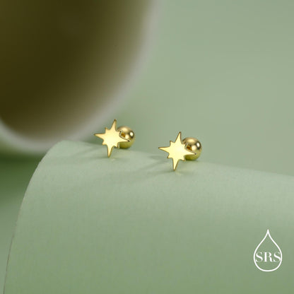 Starburst Screw Back Earrings in Sterling Silver, Tiny Star Barbell Earrings