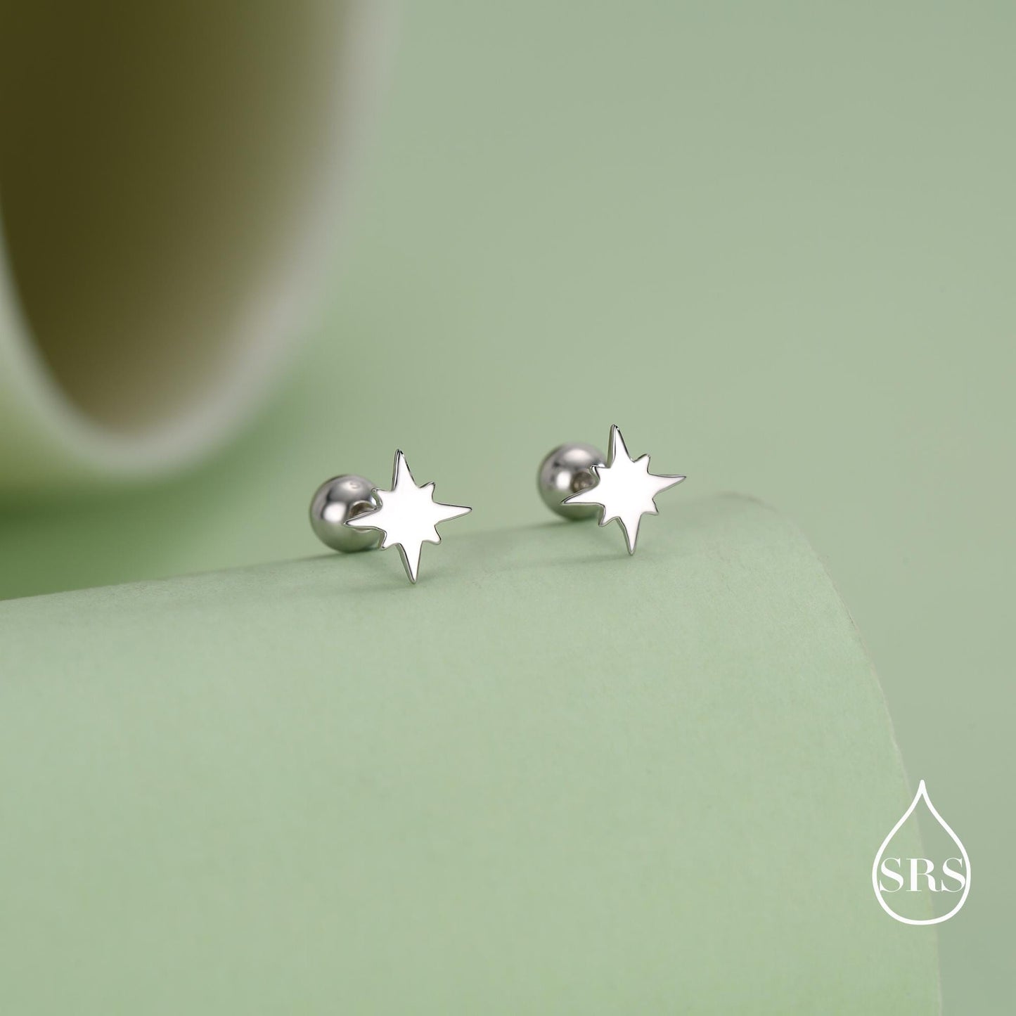 Starburst Screw Back Earrings in Sterling Silver, Tiny Star Barbell Earrings
