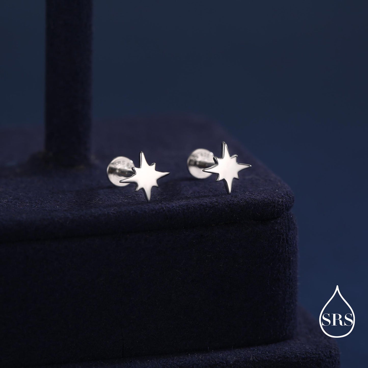 16G Starburst Internally Threaded 8mm Flat Back Earrings in Sterling Silver (sold as a pair)