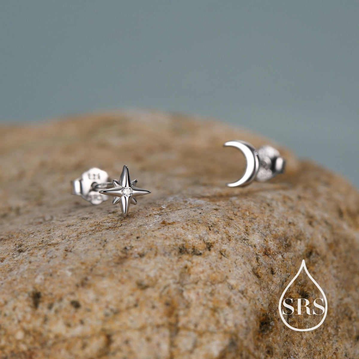 Mismatched Starburst and Moon Stud Earrings in Sterling Silver, Silver or Gold or Rose Gold, Asymmetric CZ Star and Crescent Moon Earrings
