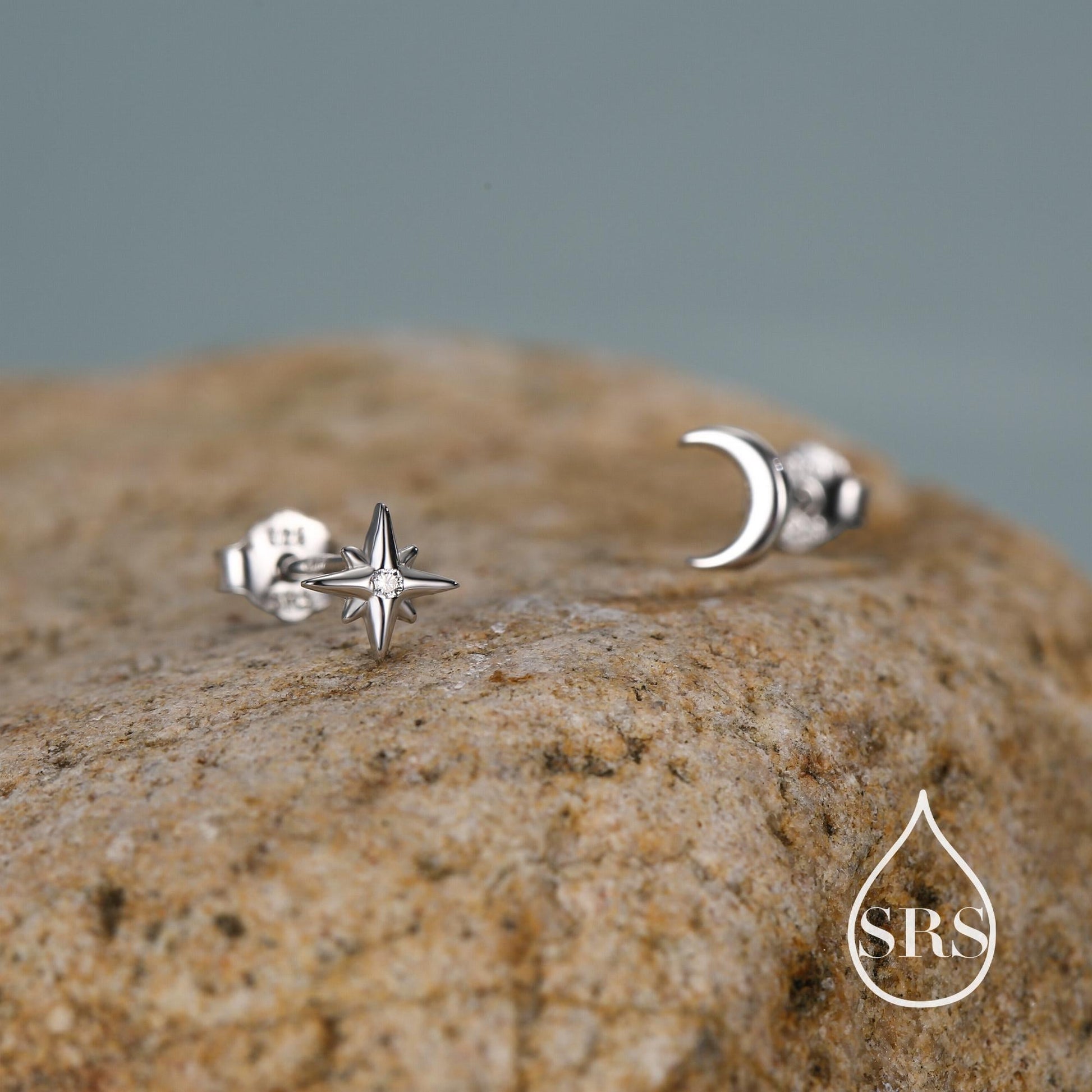 Mismatched Starburst and Moon Stud Earrings in Sterling Silver, Silver or Gold or Rose Gold, Asymmetric CZ Star and Crescent Moon Earrings