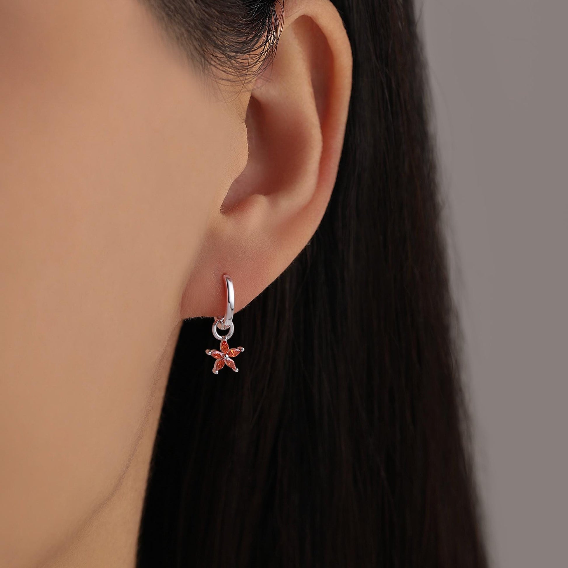 Garnet Red Flower CZ Huggie Hoop in Sterling Silver, Silver or Gold, January Birthstone, Detachable and Interchangeable