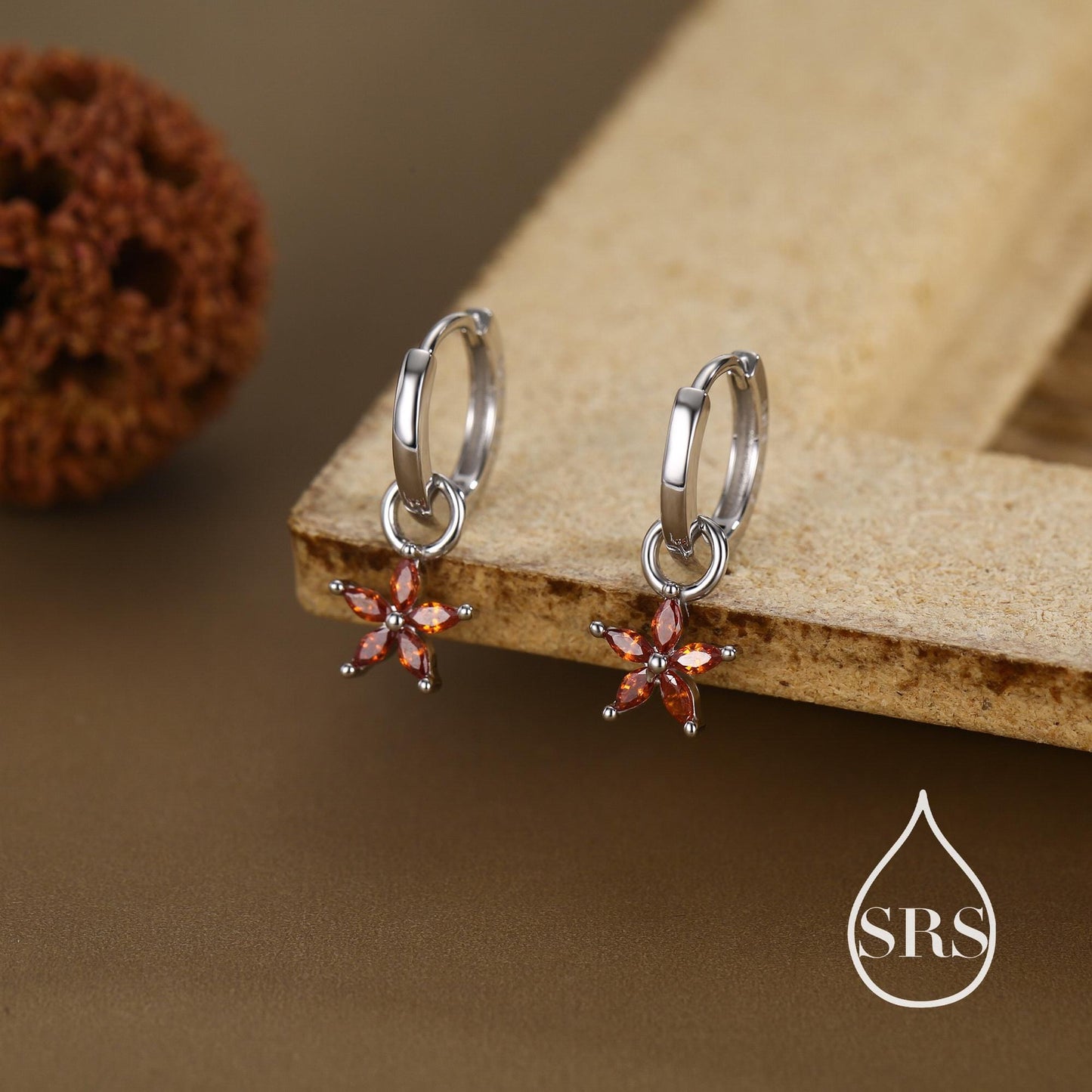 Garnet Red Flower CZ Huggie Hoop in Sterling Silver, Silver or Gold, January Birthstone, Detachable and Interchangeable