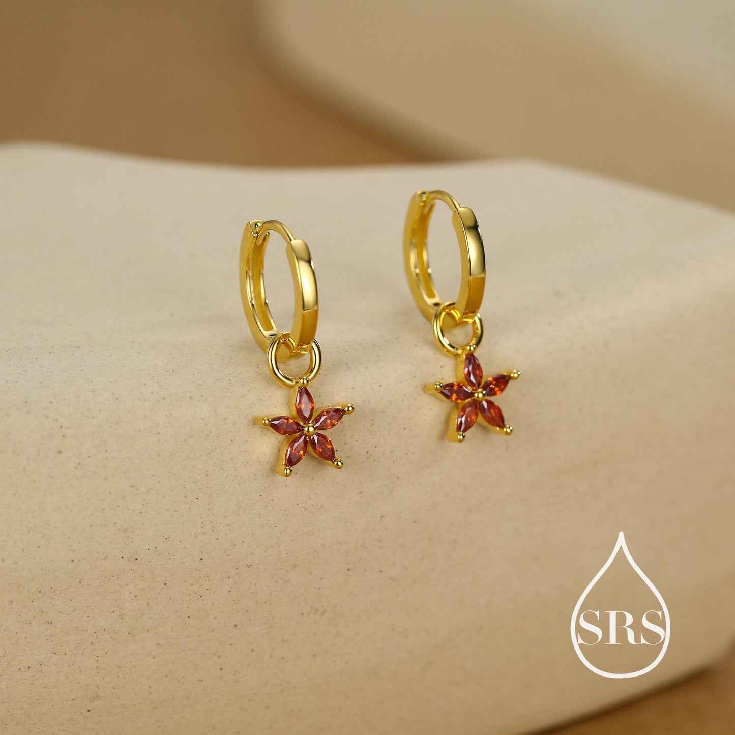 Garnet Red Flower CZ Huggie Hoop in Sterling Silver, Silver or Gold, January Birthstone, Detachable and Interchangeable