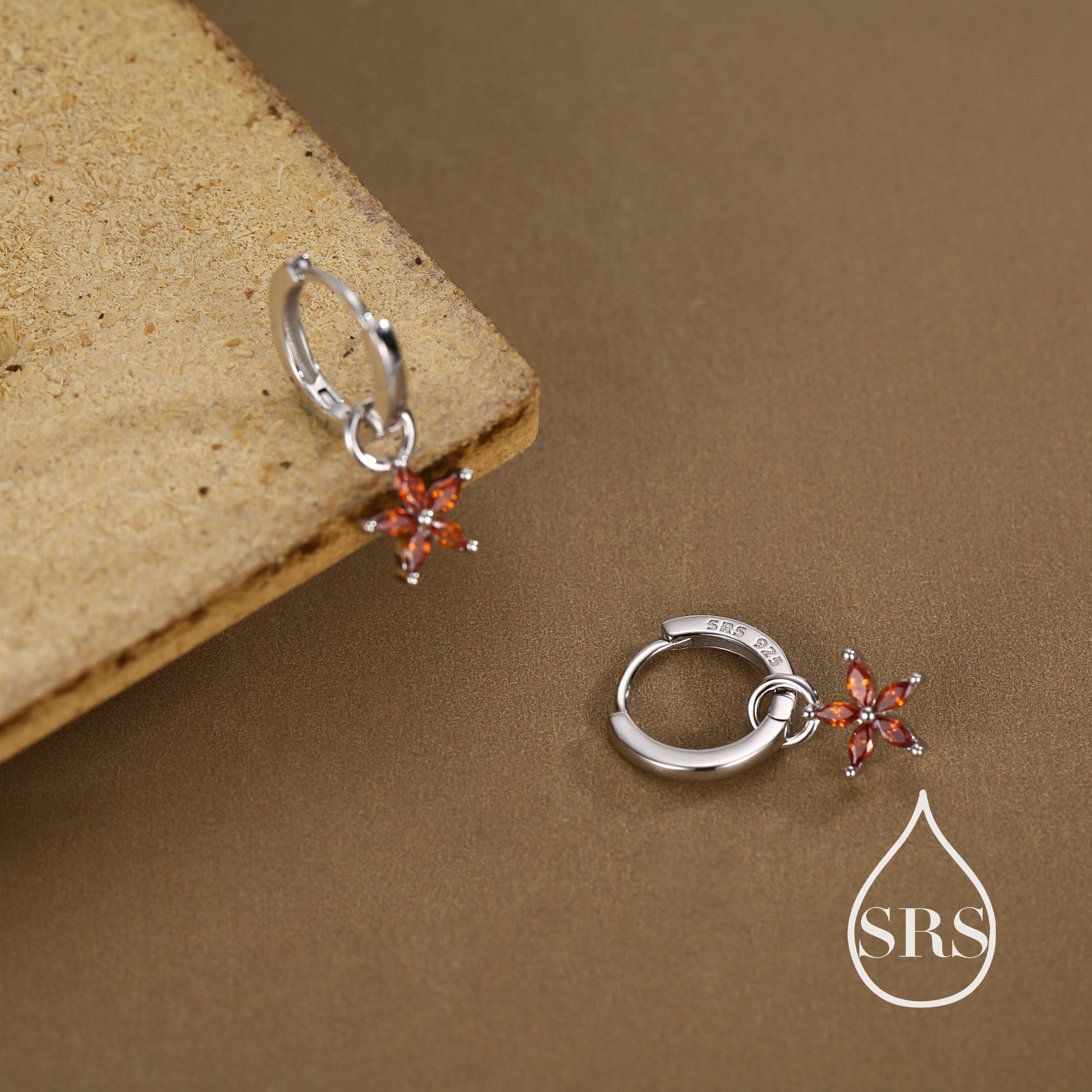 Garnet Red Flower CZ Huggie Hoop in Sterling Silver, Silver or Gold, January Birthstone, Detachable and Interchangeable