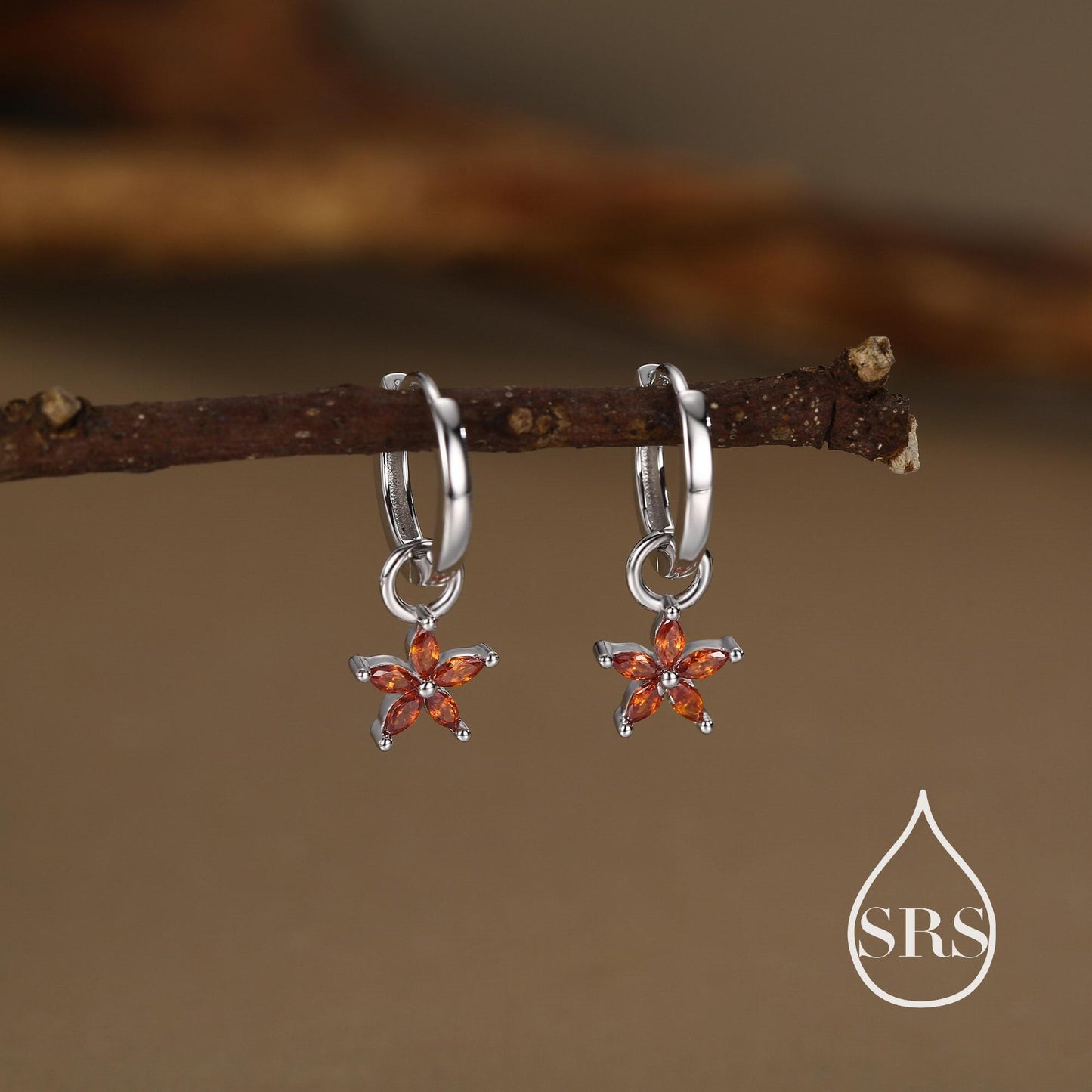 Garnet Red Flower CZ Huggie Hoop in Sterling Silver, Silver or Gold, January Birthstone, Detachable and Interchangeable