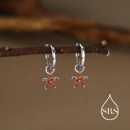 Garnet Red Flower CZ Huggie Hoop in Sterling Silver, Silver or Gold, January Birthstone, Detachable and Interchangeable