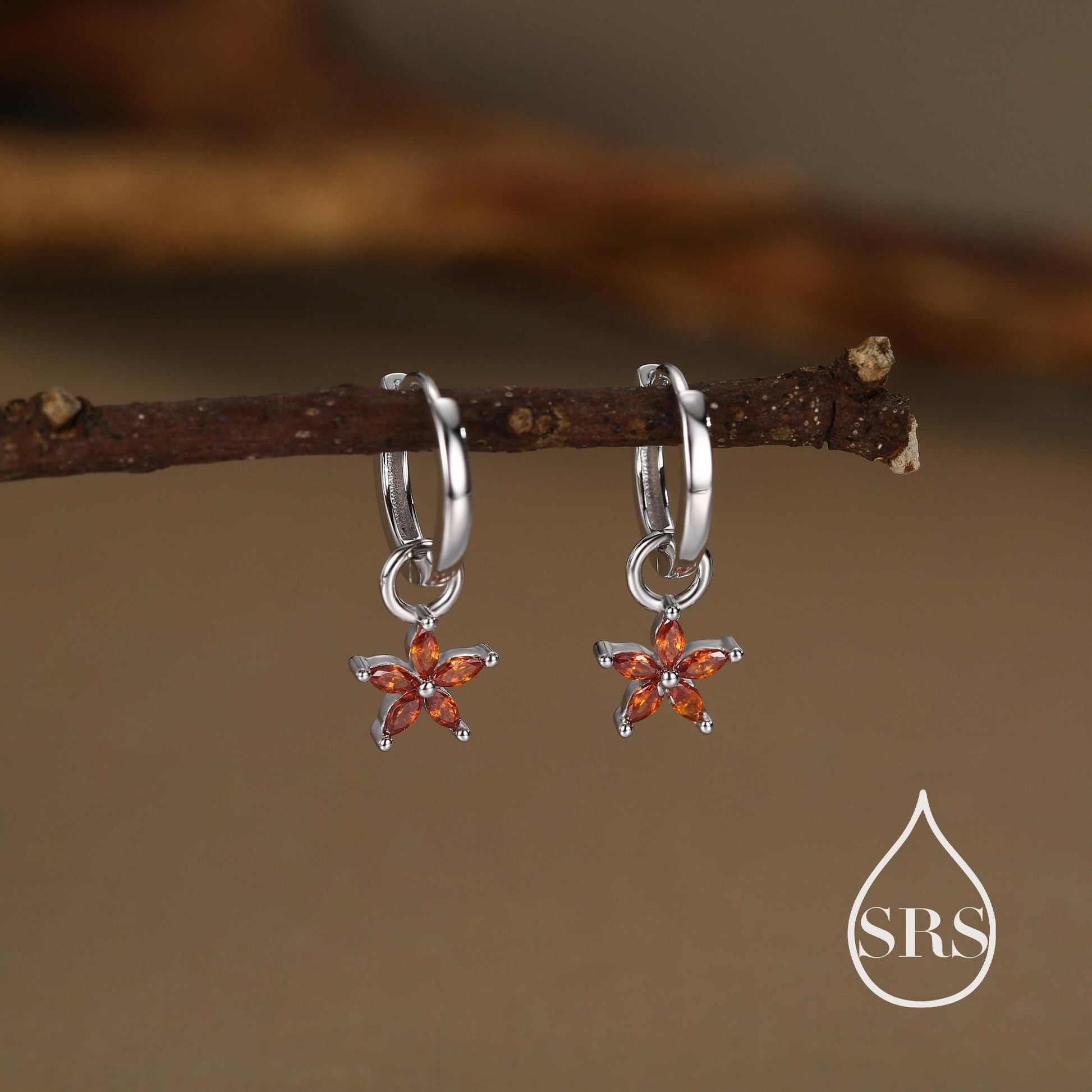 Garnet Red Flower CZ Huggie Hoop in Sterling Silver, Silver or Gold, January Birthstone, Detachable and Interchangeable