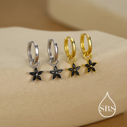 Black Flower CZ Huggie Hoop in Sterling Silver, Silver or Gold, Minimalist Simple Hoop Earrings, Detachable and Interchangeable