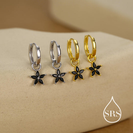 Black Flower CZ Huggie Hoop in Sterling Silver, Silver or Gold, Minimalist Simple Hoop Earrings, Detachable and Interchangeable