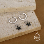 Black Flower CZ Huggie Hoop in Sterling Silver, Silver or Gold, Minimalist Simple Hoop Earrings, Detachable and Interchangeable
