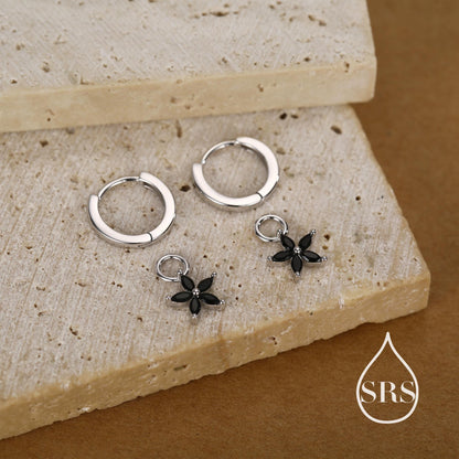 Black Flower CZ Huggie Hoop in Sterling Silver, Silver or Gold, Minimalist Simple Hoop Earrings, Detachable and Interchangeable