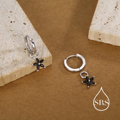 Black Flower CZ Huggie Hoop in Sterling Silver, Silver or Gold, Minimalist Simple Hoop Earrings, Detachable and Interchangeable