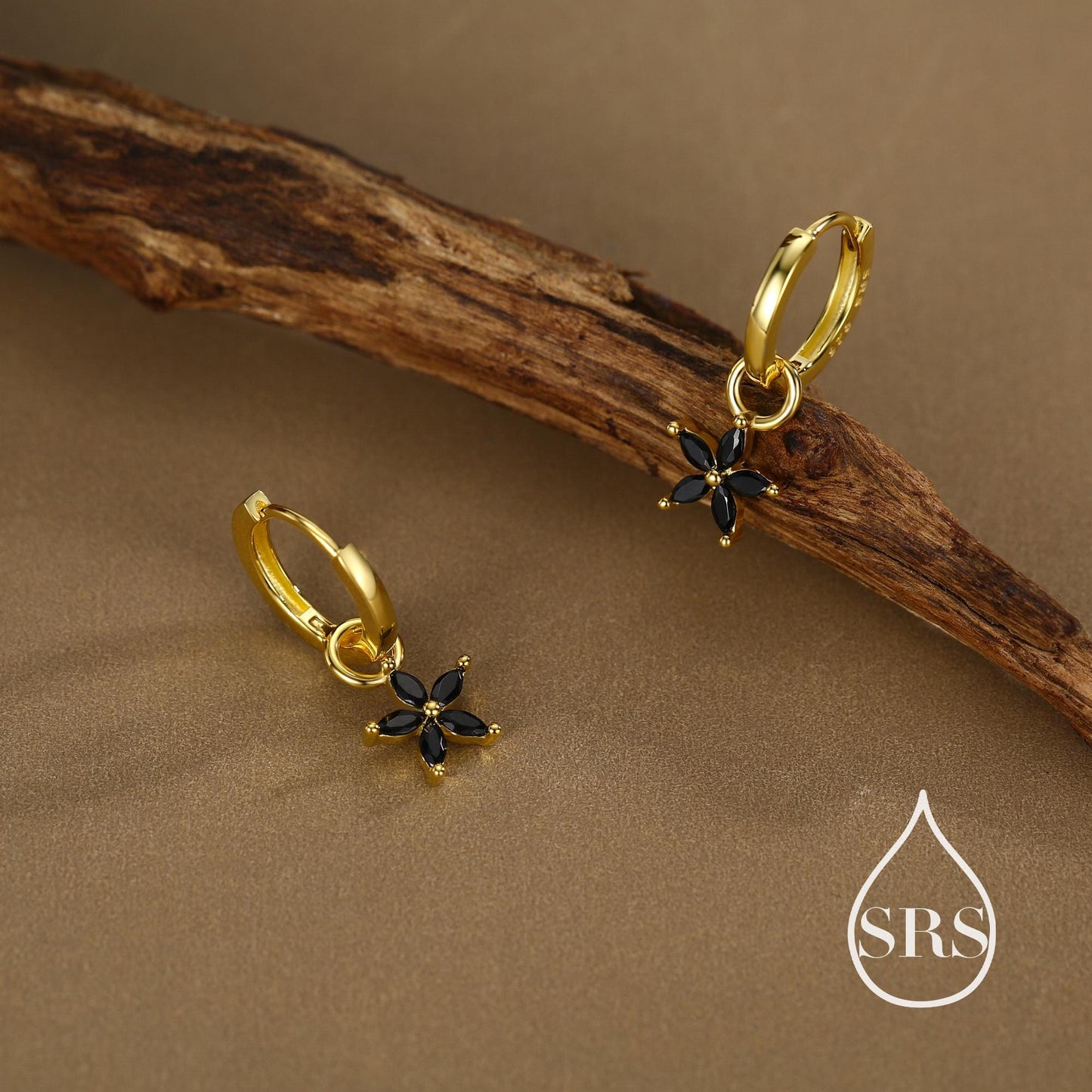 Black Flower CZ Huggie Hoop in Sterling Silver, Silver or Gold, Minimalist Simple Hoop Earrings, Detachable and Interchangeable